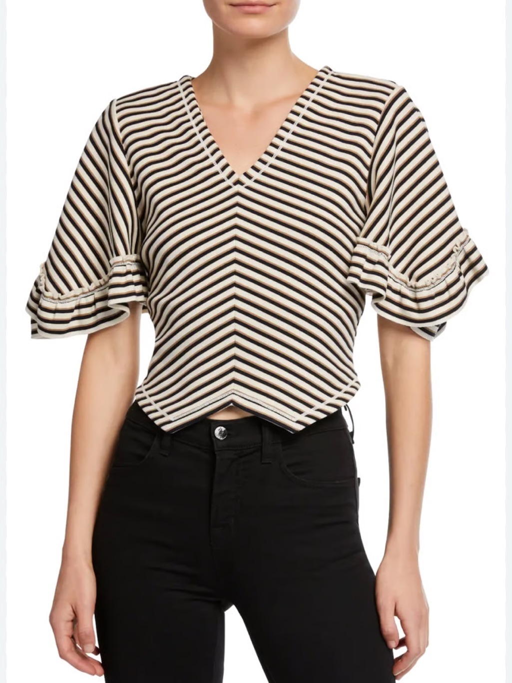 See By Chloe Striped V-Neck Ruffle Sleeve Top In Black And Cream Size Xl